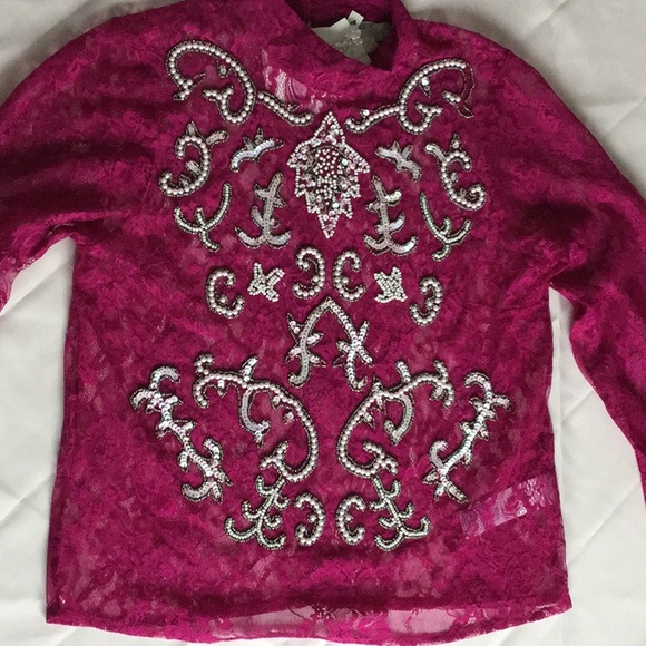 NEW ASOS Pink Pearl Sequin Sheer Lace long sleeve Mock Top 2 - Picture 2 of 8